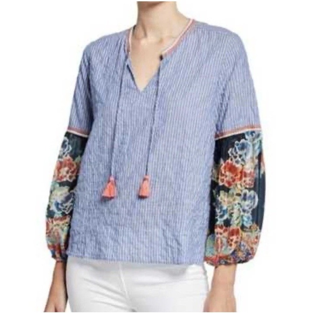 Johnny Was Scarf Mix‎ Blouse Size XS Cotton Silk Blend Floral Boho